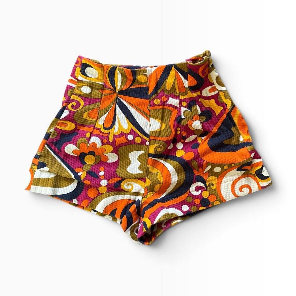 Zara Retro Psychedelic Print High Waisted Short Shorts Orange Pink XS